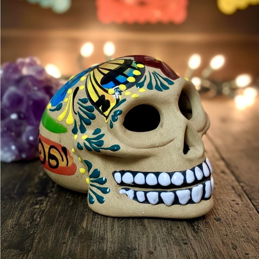 Hand-Painted Ceramic Sugar Skull - Multicolor Day of the Dead Accent